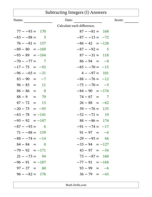 The Subtracting Mixed Integers from -99 to 99 (50 Questions; No Parentheses) (I) Math Worksheet Page 2