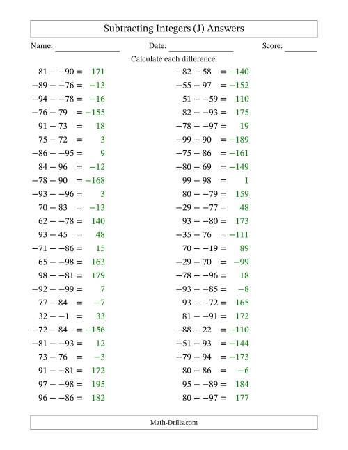 The Subtracting Mixed Integers from -99 to 99 (50 Questions; No Parentheses) (J) Math Worksheet Page 2