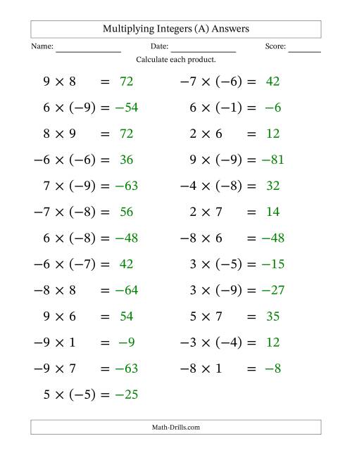 The Multiplying Mixed Integers from -9 to 9 (25 Questions; Large Print) (A) Math Worksheet Page 2