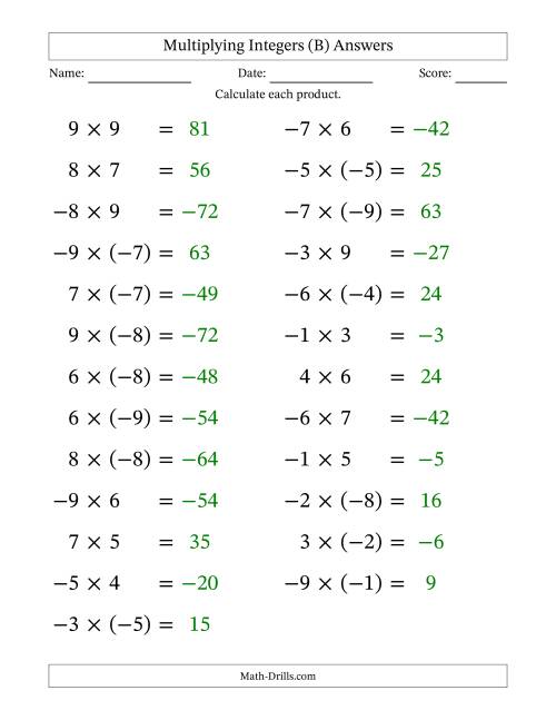 The Multiplying Mixed Integers from -9 to 9 (25 Questions; Large Print) (B) Math Worksheet Page 2