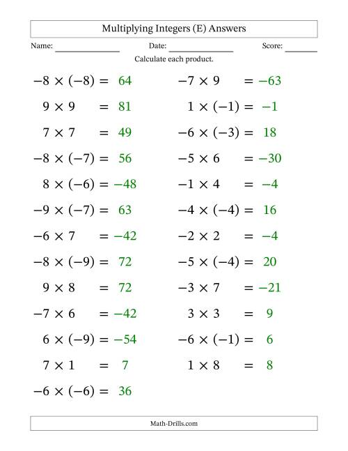 The Multiplying Mixed Integers from -9 to 9 (25 Questions; Large Print) (E) Math Worksheet Page 2