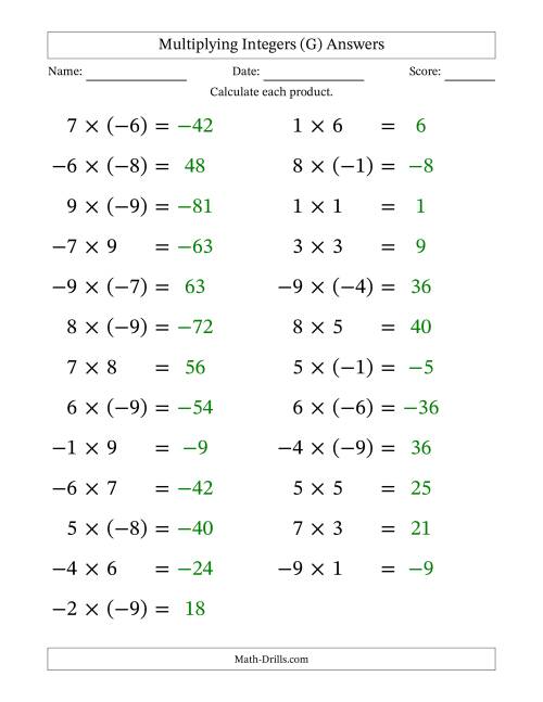 The Multiplying Mixed Integers from -9 to 9 (25 Questions; Large Print) (G) Math Worksheet Page 2
