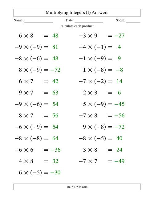 The Multiplying Mixed Integers from -9 to 9 (25 Questions; Large Print) (I) Math Worksheet Page 2