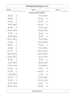 Multiplying Mixed Integers from -9 to 9 (50 Questions)