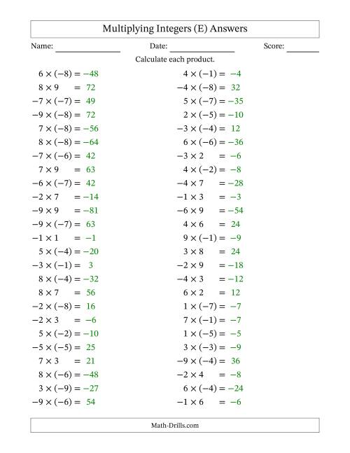 The Multiplying Mixed Integers from -9 to 9 (50 Questions) (E) Math Worksheet Page 2