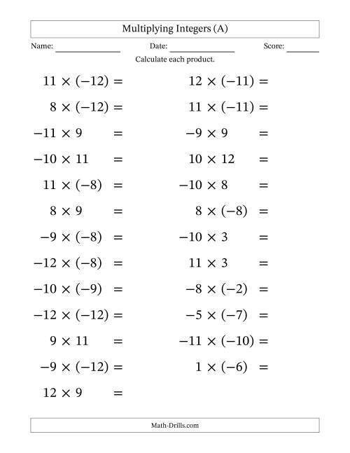 The Multiplying Mixed Integers from -12 to 12 (25 Questions; Large Print) (A) Math Worksheet