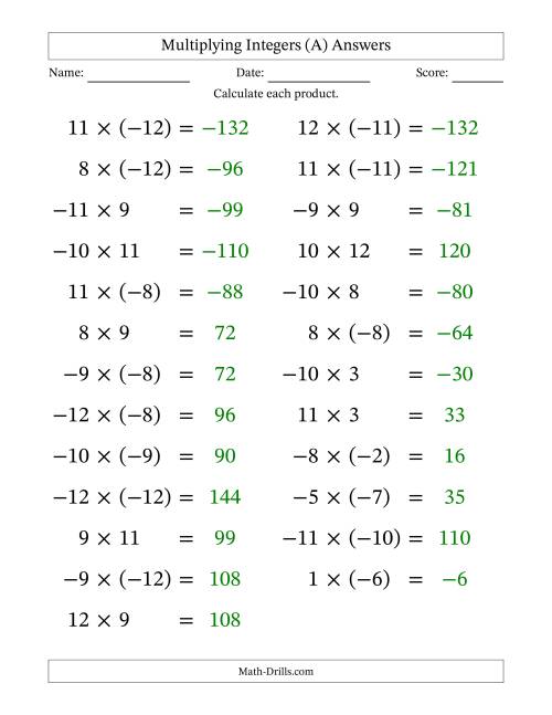 The Multiplying Mixed Integers from -12 to 12 (25 Questions; Large Print) (A) Math Worksheet Page 2