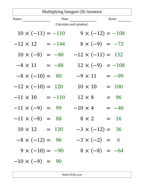 The Multiplying Mixed Integers from -12 to 12 (25 Questions; Large Print) (B) Math Worksheet Page 2