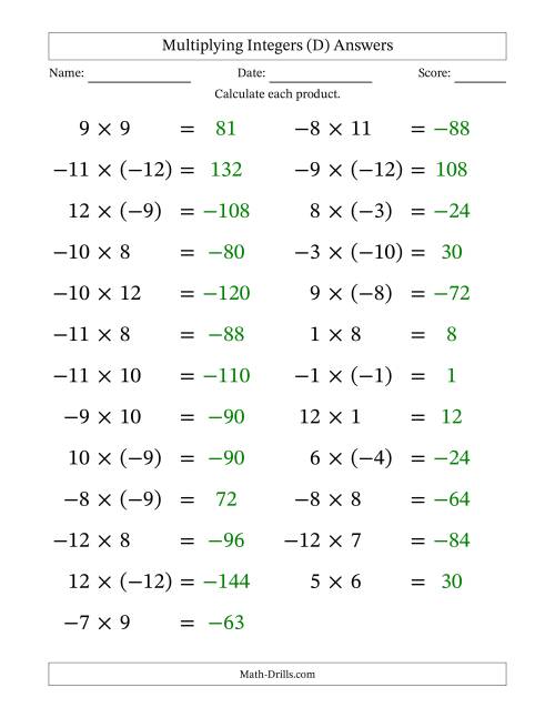 The Multiplying Mixed Integers from -12 to 12 (25 Questions; Large Print) (D) Math Worksheet Page 2