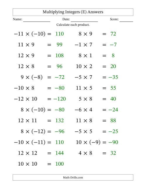 The Multiplying Mixed Integers from -12 to 12 (25 Questions; Large Print) (E) Math Worksheet Page 2