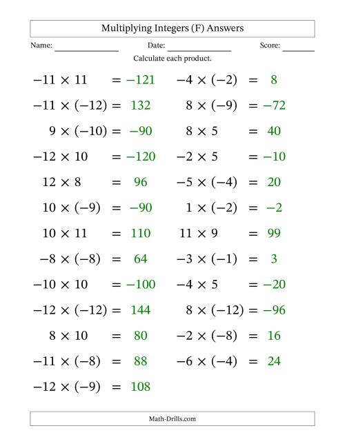 The Multiplying Mixed Integers from -12 to 12 (25 Questions; Large Print) (F) Math Worksheet Page 2