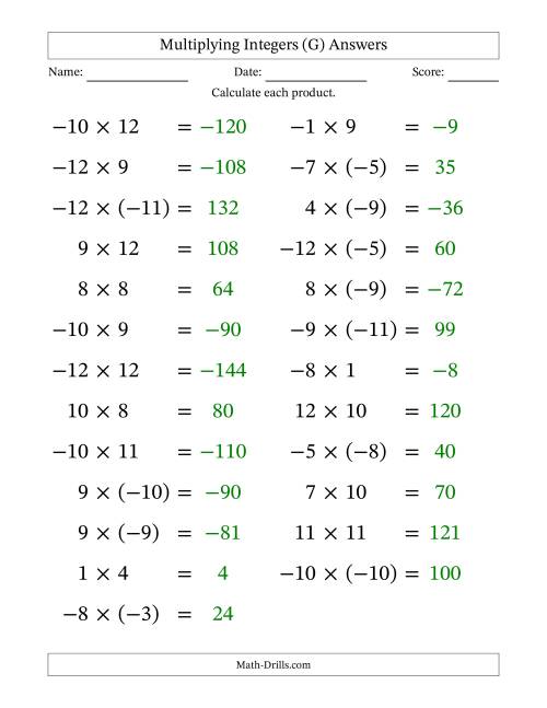 The Multiplying Mixed Integers from -12 to 12 (25 Questions; Large Print) (G) Math Worksheet Page 2