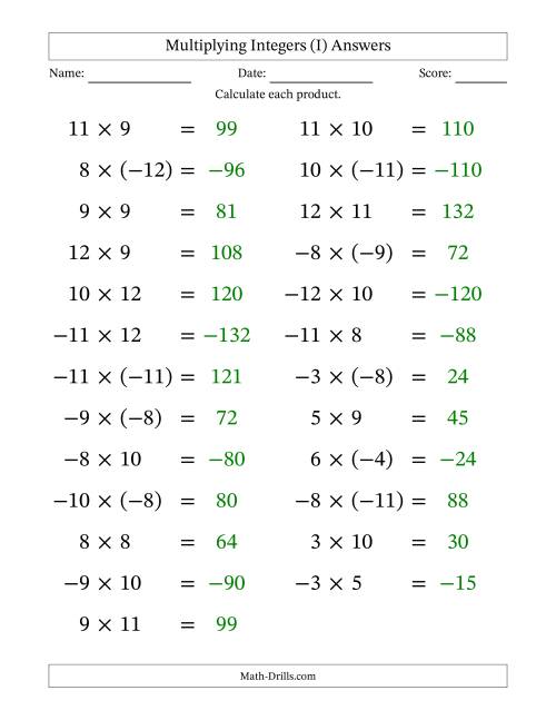 The Multiplying Mixed Integers from -12 to 12 (25 Questions; Large Print) (I) Math Worksheet Page 2