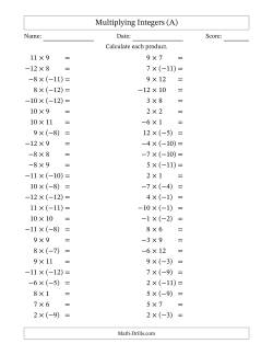 Multiplying Mixed Integers from -12 to 12 (50 Questions)