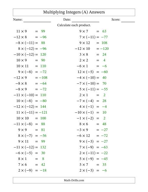 The Multiplying Mixed Integers from -12 to 12 (50 Questions) (A) Math Worksheet Page 2