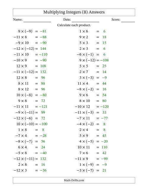 The Multiplying Mixed Integers from -12 to 12 (50 Questions) (B) Math Worksheet Page 2