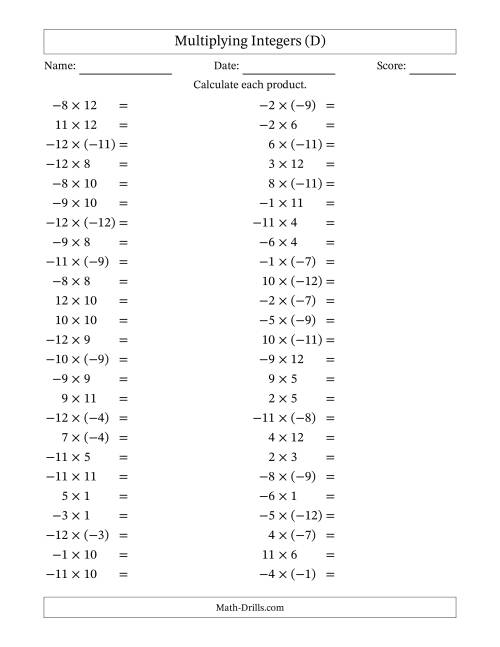 The Multiplying Mixed Integers from -12 to 12 (50 Questions) (D) Math Worksheet