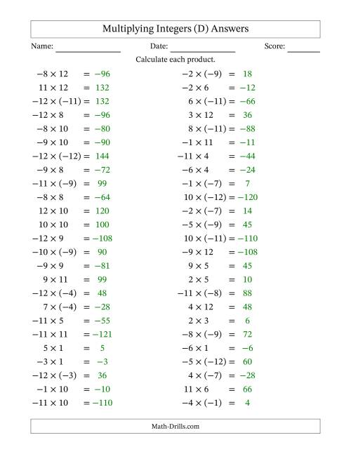 The Multiplying Mixed Integers from -12 to 12 (50 Questions) (D) Math Worksheet Page 2