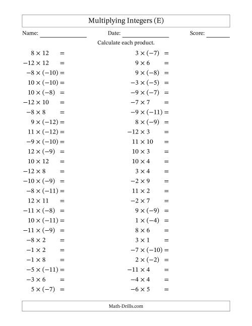 The Multiplying Mixed Integers from -12 to 12 (50 Questions) (E) Math Worksheet