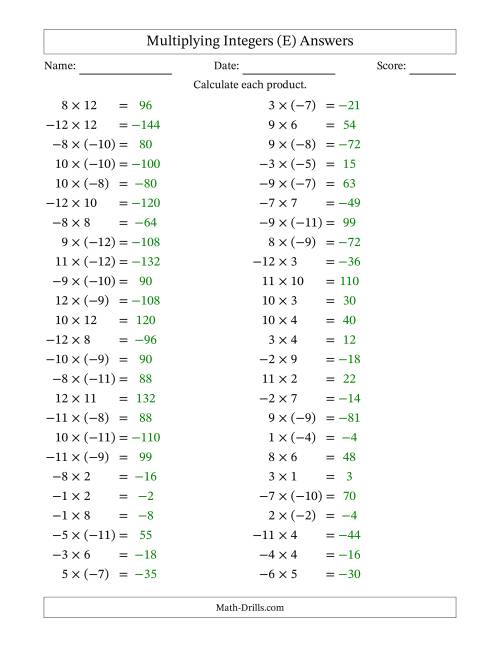 The Multiplying Mixed Integers from -12 to 12 (50 Questions) (E) Math Worksheet Page 2