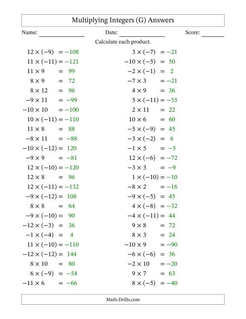 The Multiplying Mixed Integers from -12 to 12 (50 Questions) (G) Math Worksheet Page 2