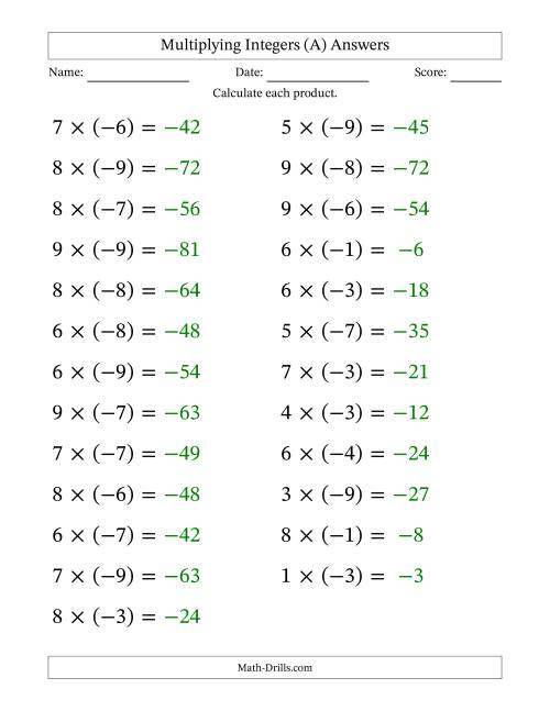 The Multiplying Positive by Negative Integers from -9 to 9 (25 Questions; Large Print) (A) Math Worksheet Page 2