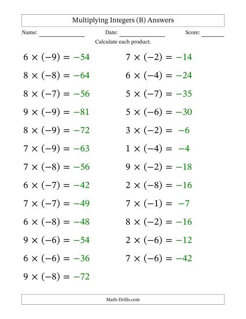 The Multiplying Positive by Negative Integers from -9 to 9 (25 Questions; Large Print) (B) Math Worksheet Page 2