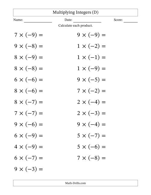The Multiplying Positive by Negative Integers from -9 to 9 (25 Questions; Large Print) (D) Math Worksheet