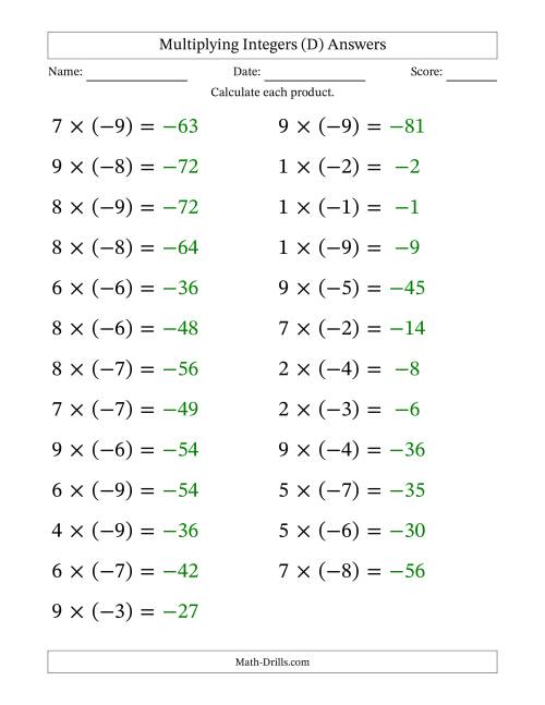 The Multiplying Positive by Negative Integers from -9 to 9 (25 Questions; Large Print) (D) Math Worksheet Page 2