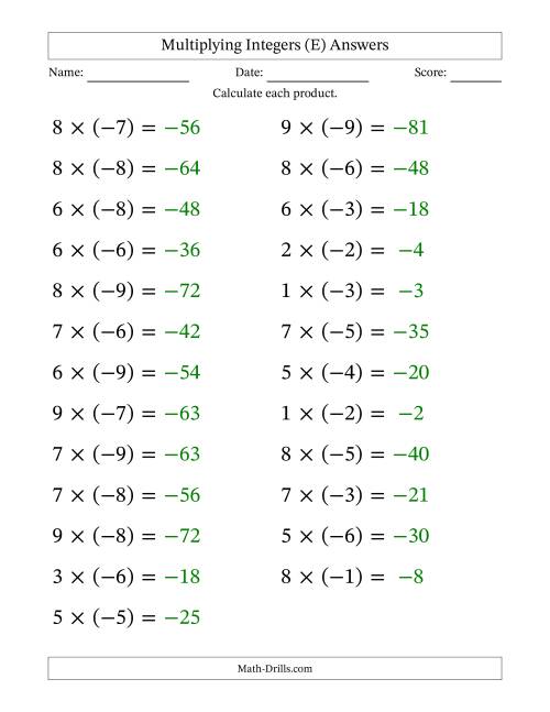 The Multiplying Positive by Negative Integers from -9 to 9 (25 Questions; Large Print) (E) Math Worksheet Page 2