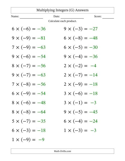 The Multiplying Positive by Negative Integers from -9 to 9 (25 Questions; Large Print) (G) Math Worksheet Page 2