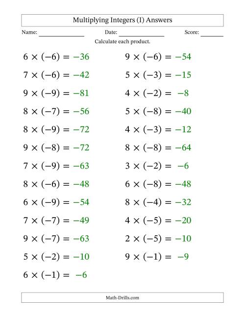 The Multiplying Positive by Negative Integers from -9 to 9 (25 Questions; Large Print) (I) Math Worksheet Page 2