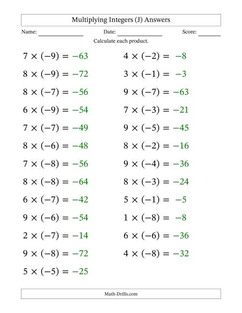 The Multiplying Positive by Negative Integers from -9 to 9 (25 Questions; Large Print) (J) Math Worksheet Page 2