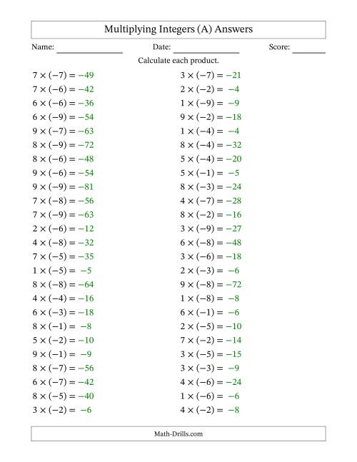 The Multiplying Positive by Negative Integers from -9 to 9 (50 Questions) (A) Math Worksheet Page 2