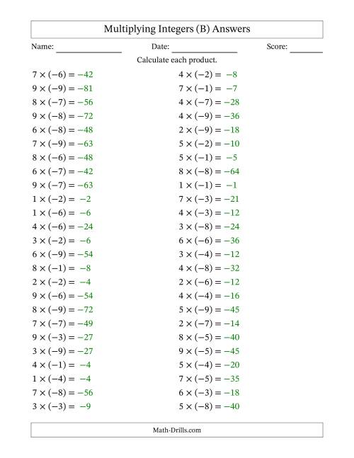 The Multiplying Positive by Negative Integers from -9 to 9 (50 Questions) (B) Math Worksheet Page 2
