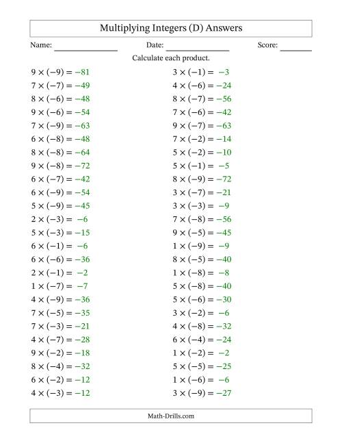 The Multiplying Positive by Negative Integers from -9 to 9 (50 Questions) (D) Math Worksheet Page 2