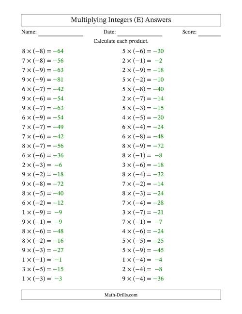 The Multiplying Positive by Negative Integers from -9 to 9 (50 Questions) (E) Math Worksheet Page 2
