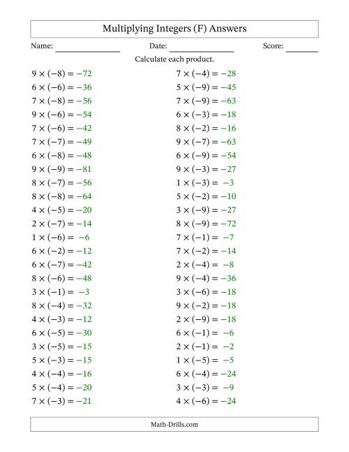 The Multiplying Positive by Negative Integers from -9 to 9 (50 Questions) (F) Math Worksheet Page 2