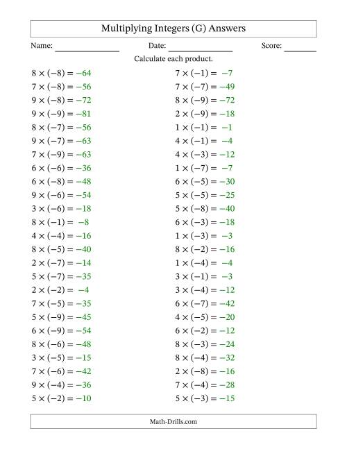 The Multiplying Positive by Negative Integers from -9 to 9 (50 Questions) (G) Math Worksheet Page 2