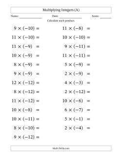 Multiplying Positive by Negative Integers from -12 to 12 (25 Questions; Large Print)
