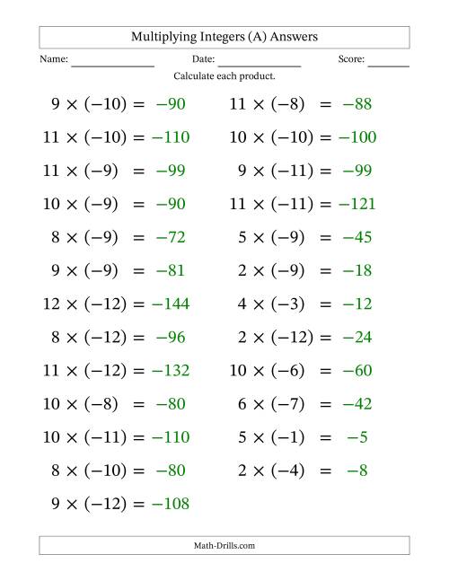 The Multiplying Positive by Negative Integers from -12 to 12 (25 Questions; Large Print) (A) Math Worksheet Page 2
