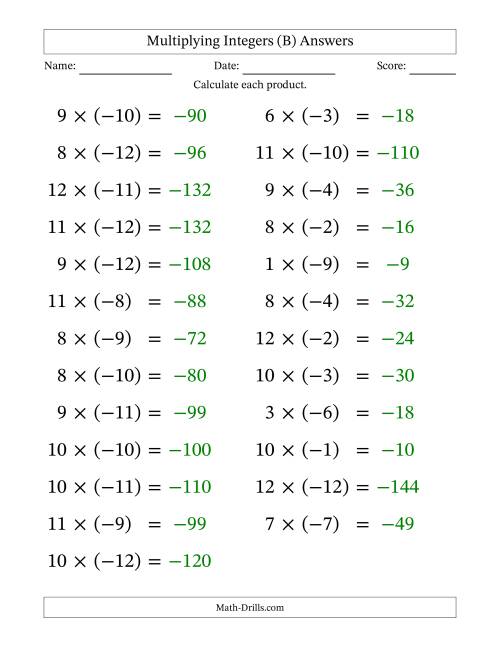 The Multiplying Positive by Negative Integers from -12 to 12 (25 Questions; Large Print) (B) Math Worksheet Page 2