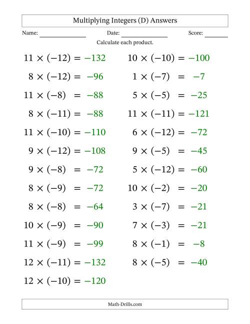 The Multiplying Positive by Negative Integers from -12 to 12 (25 Questions; Large Print) (D) Math Worksheet Page 2