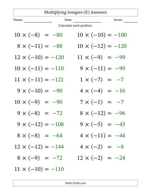 The Multiplying Positive by Negative Integers from -12 to 12 (25 Questions; Large Print) (E) Math Worksheet Page 2