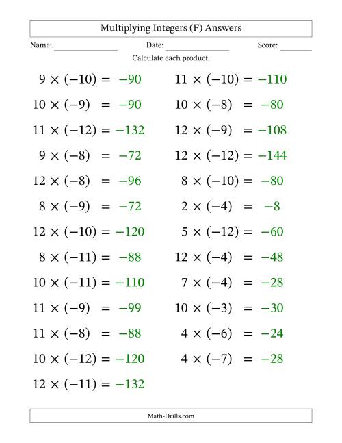 The Multiplying Positive by Negative Integers from -12 to 12 (25 Questions; Large Print) (F) Math Worksheet Page 2
