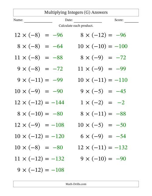 The Multiplying Positive by Negative Integers from -12 to 12 (25 Questions; Large Print) (G) Math Worksheet Page 2