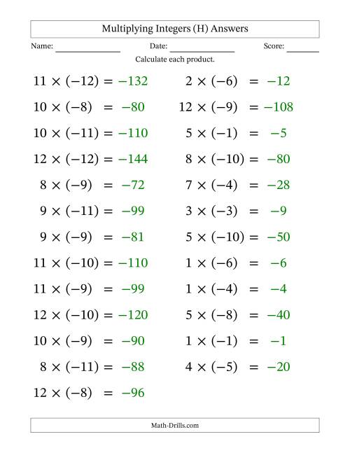 The Multiplying Positive by Negative Integers from -12 to 12 (25 Questions; Large Print) (H) Math Worksheet Page 2