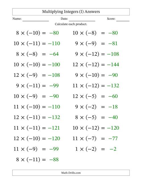 The Multiplying Positive by Negative Integers from -12 to 12 (25 Questions; Large Print) (I) Math Worksheet Page 2