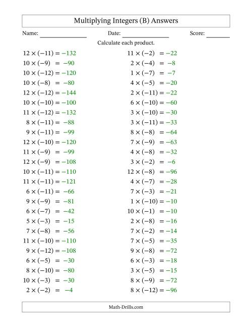 The Multiplying Positive by Negative Integers from -12 to 12 (50 Questions) (B) Math Worksheet Page 2