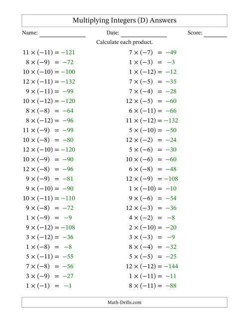The Multiplying Positive by Negative Integers from -12 to 12 (50 Questions) (D) Math Worksheet Page 2